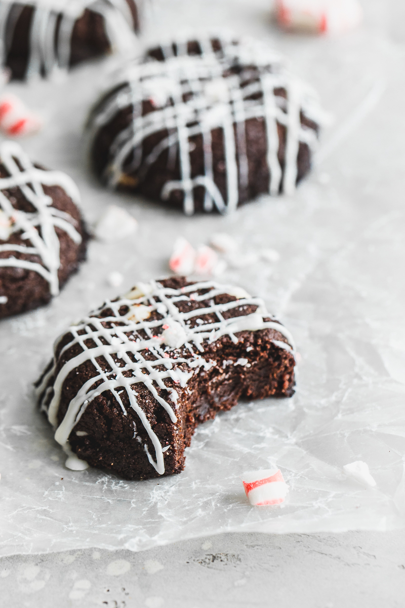 chocolate peppermint mocha brownie cookies with white chocolate and crushed candy. Food Photography.