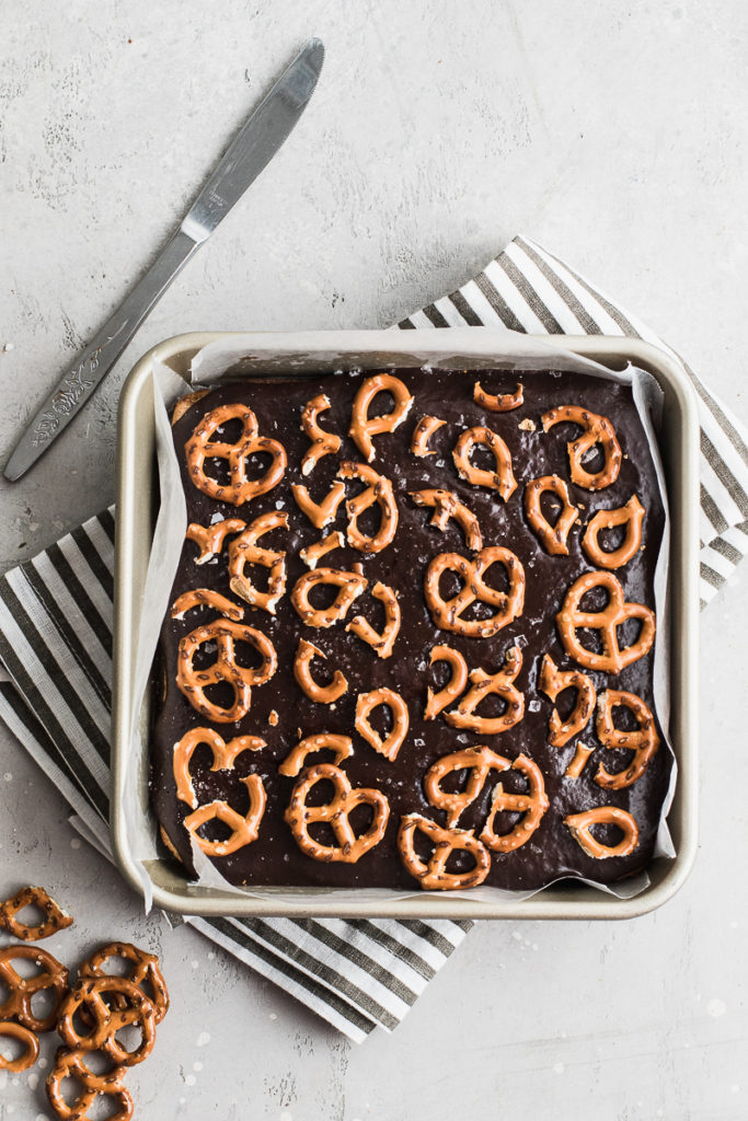 pretzel banana bread brownies with chocolate frosting