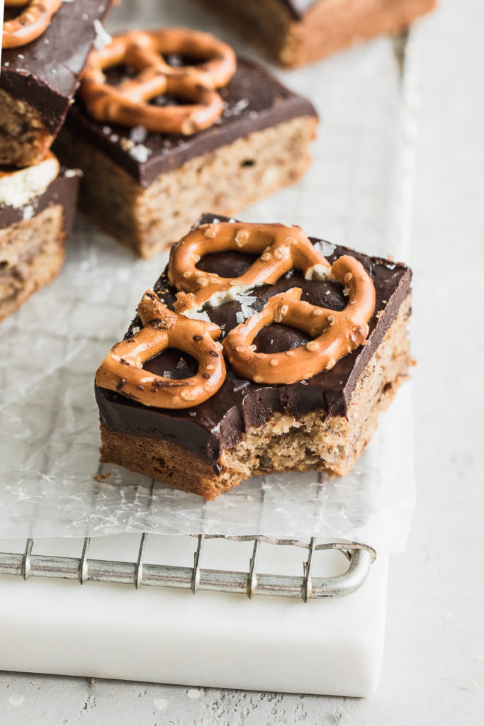 pretzel banana bread brownies with chocolate frosting