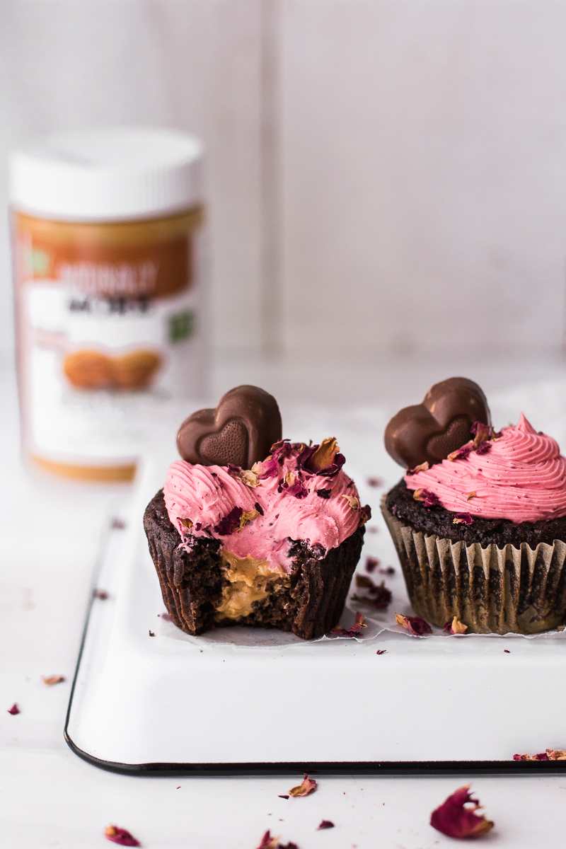 chocolate cupcakes with peanut butter and strawberry frosting made paleo, gluten free and diary free