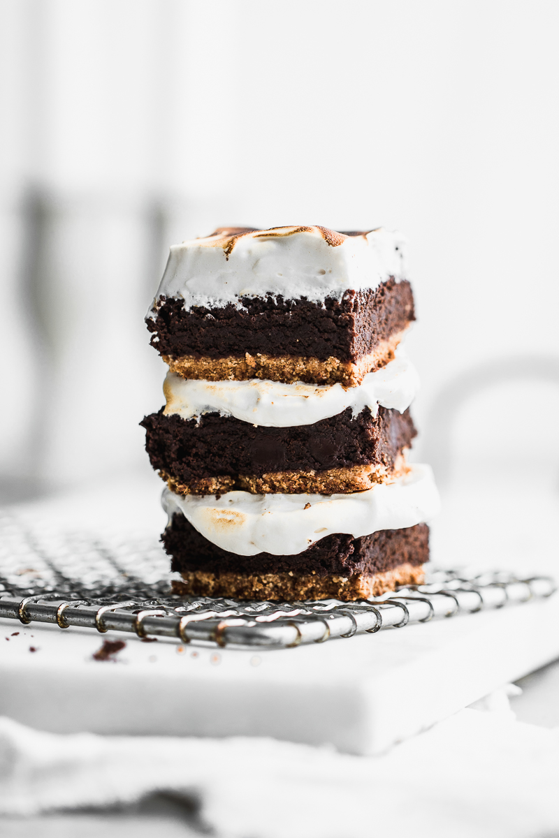 Stacked S'mores brownies on white 