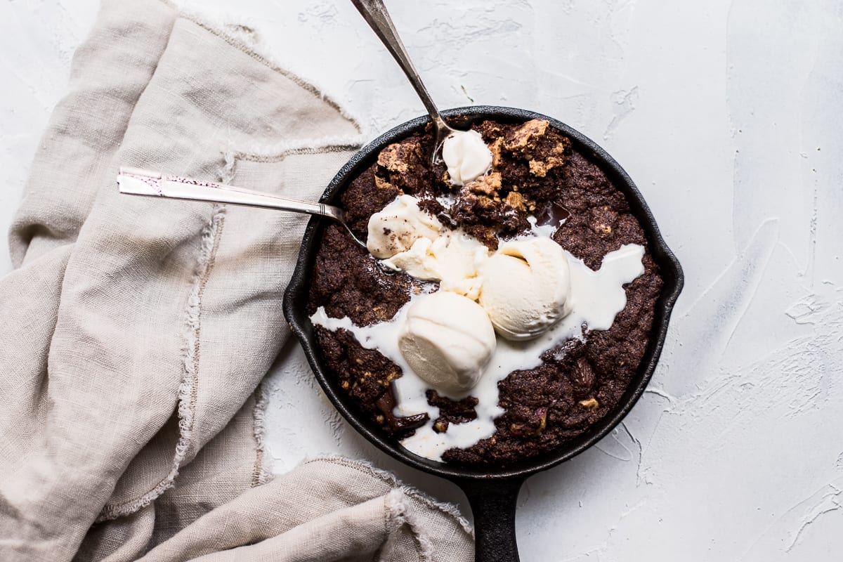 Peanut Butter Stuffed Vegan Brownie Skillet - Peanut Butter + Chocolate