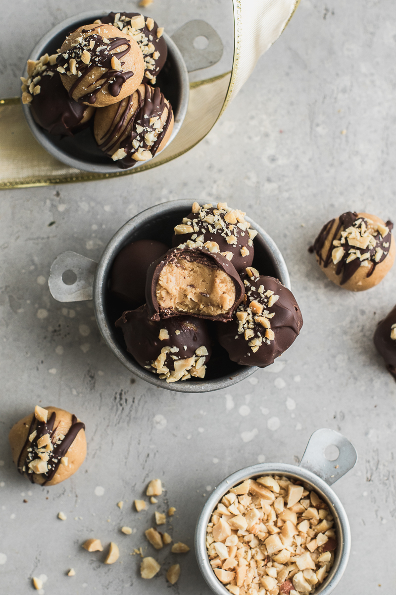 peanut butter truffle bite shot. keto and low carb chocolate covered peanut butter balls.
