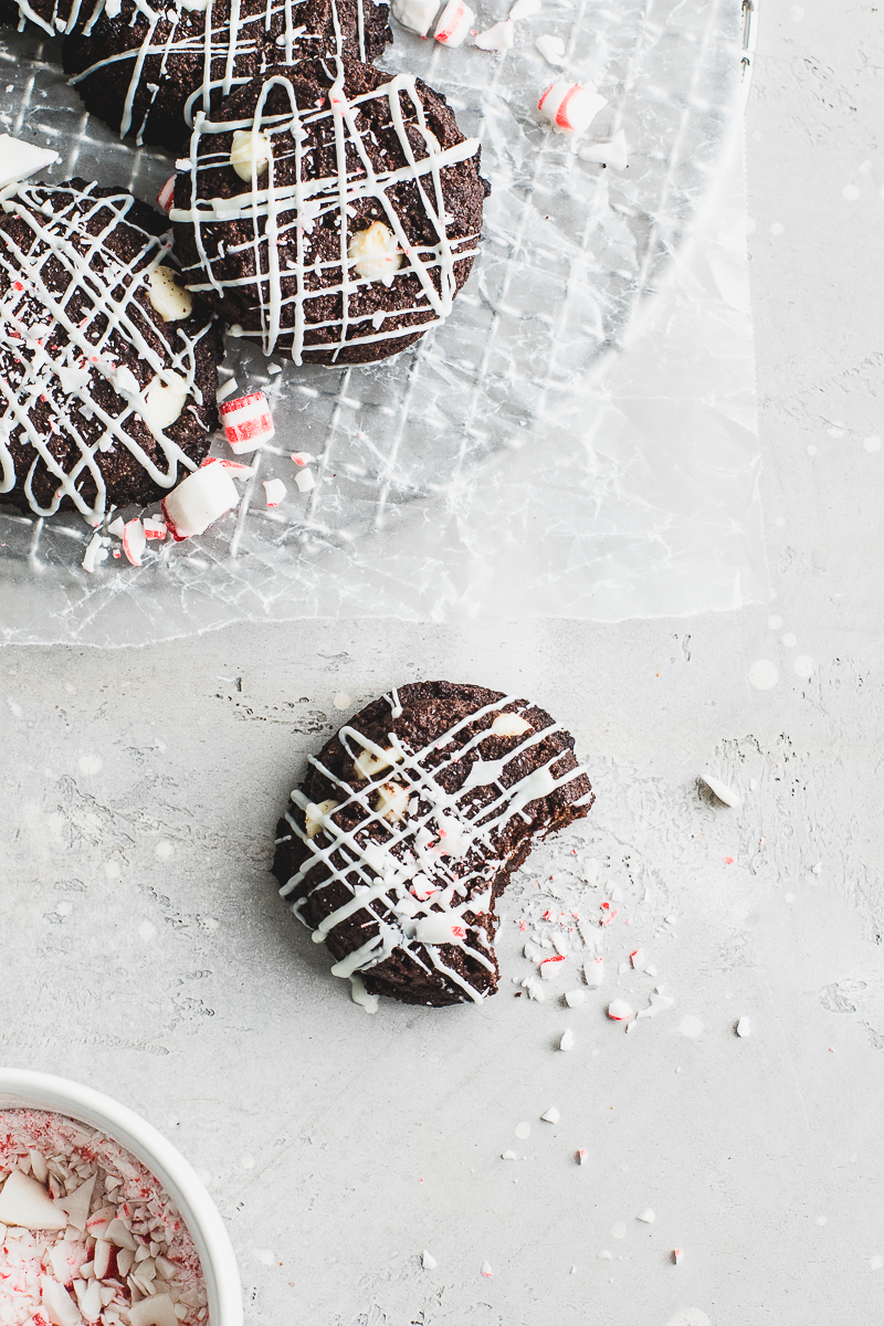 chocolate peppermint mocha brownie cookies with white chocolate and crushed candy. Food Photography.