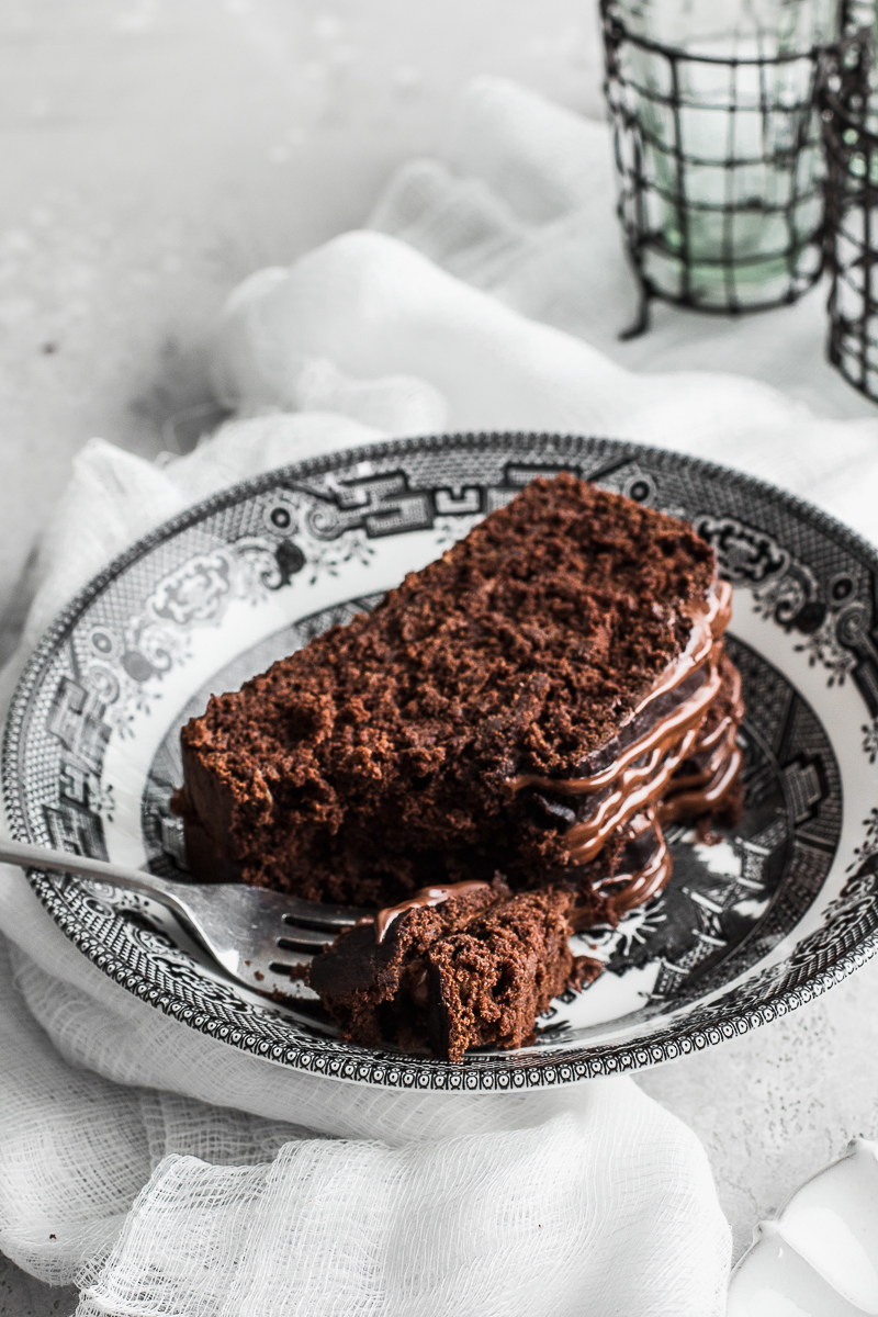 chocolate cake with fork on black and white plate
