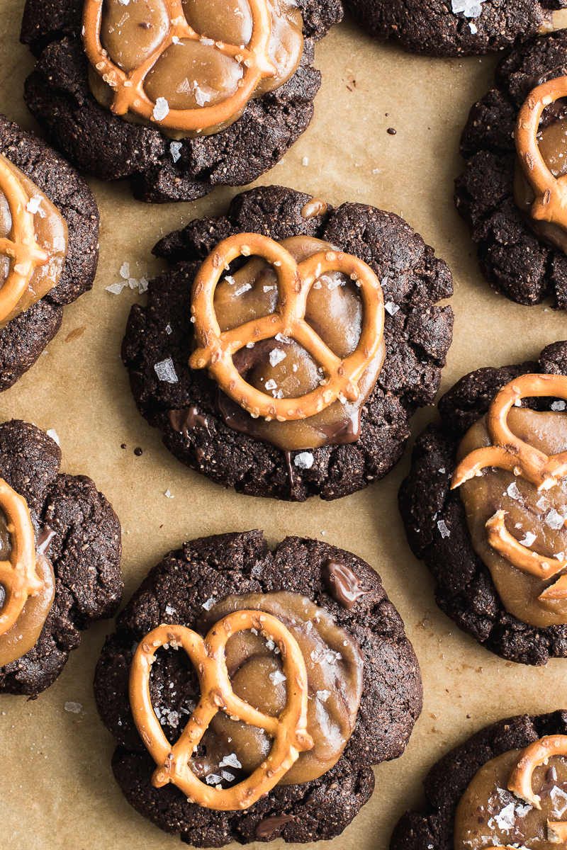 Double Chocolate Cookies with salted caramel sauce and pretzels