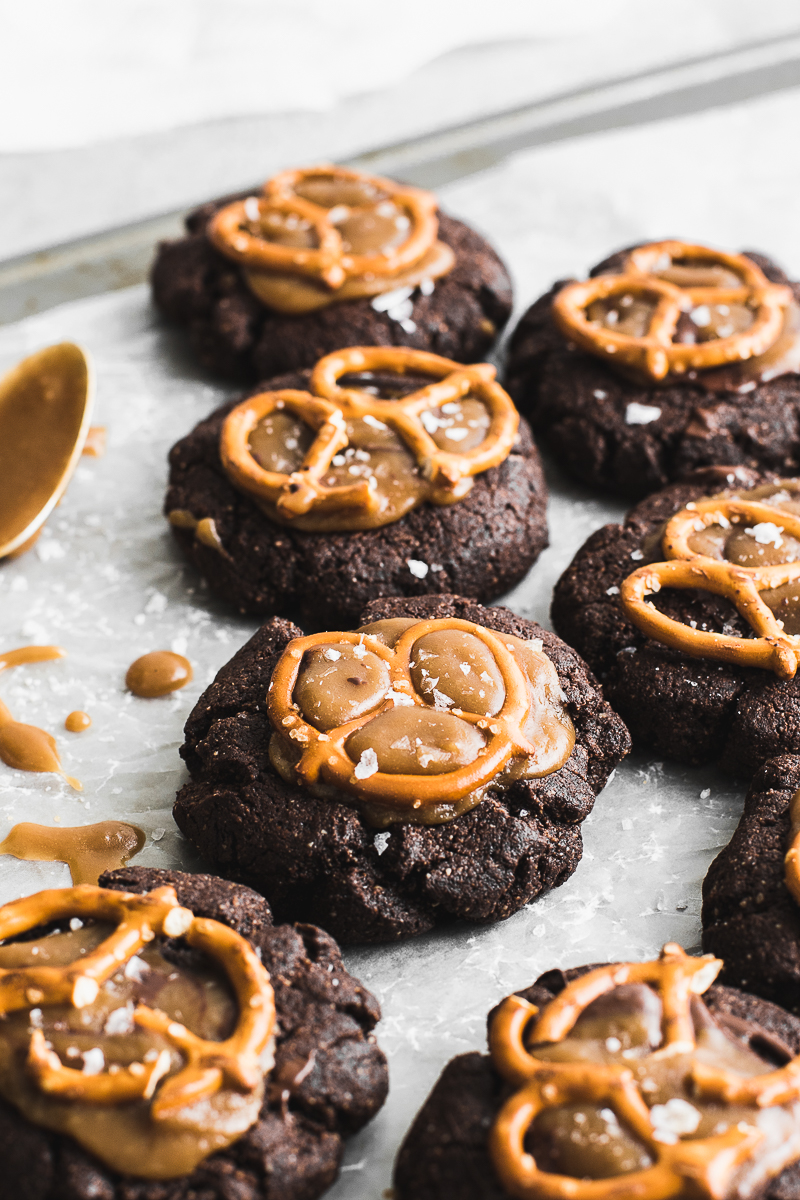 thick and chewy chocolate cookies with caramel and pretzels.