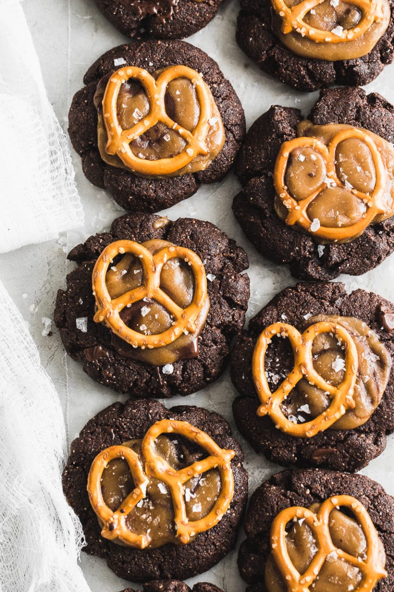 double chocolate brownie cookies with salted caramel pretzel