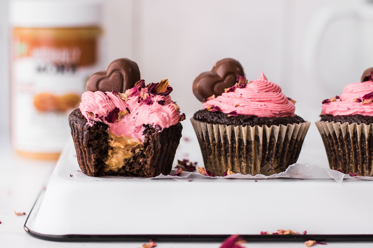 chocolate cupcakes with strawberry frosting