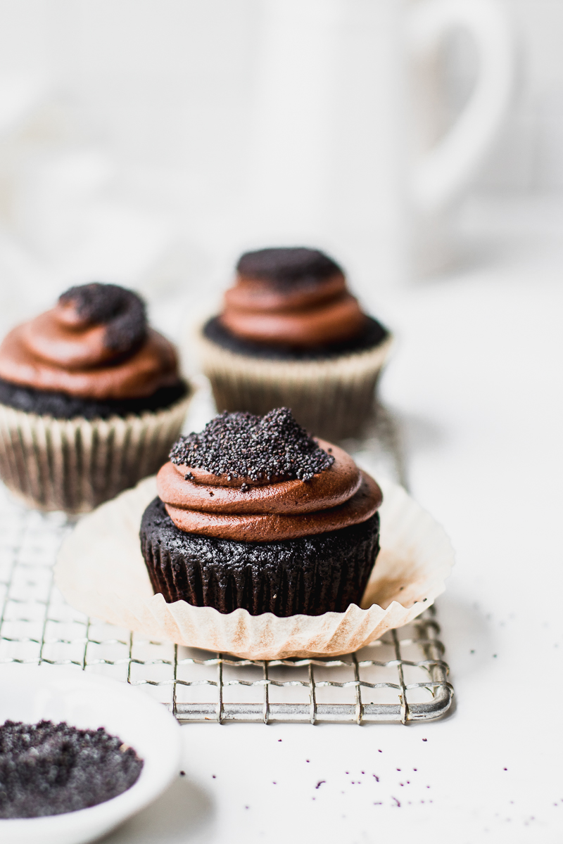 Double chocolate cupcakes on white background