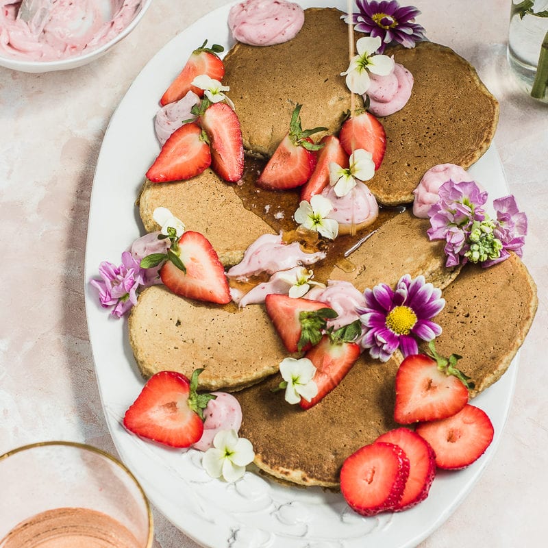 Fluffy Pancakes with Strawberry Whipped Cream made Dairy Free