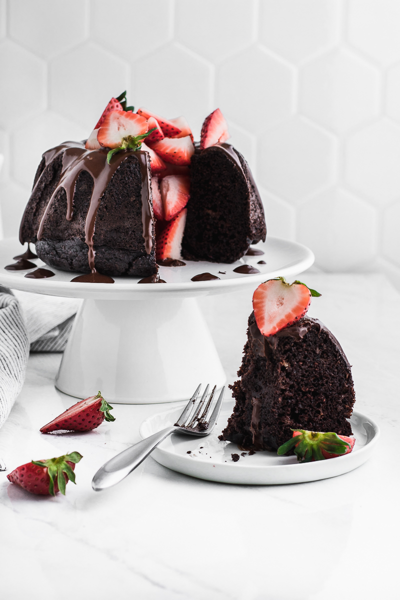 chocolate bundt cake slice with strawberry