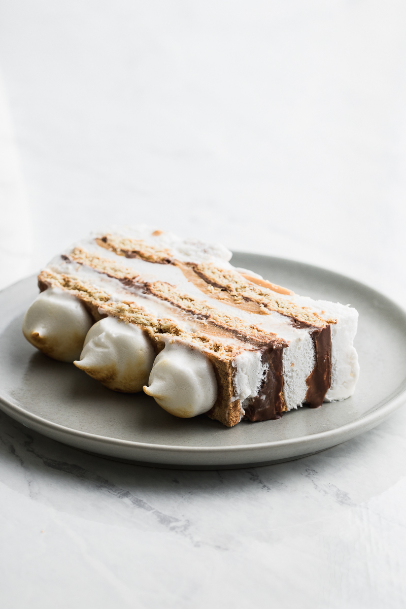 slice of cake with toasted marshmallow topping