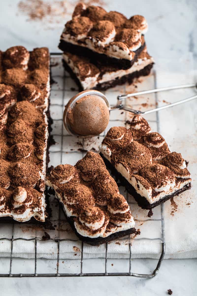 Gluten free tiramisu brownies. A healthy dessert recipe. Food photorghry styling with affordable food photography props. 