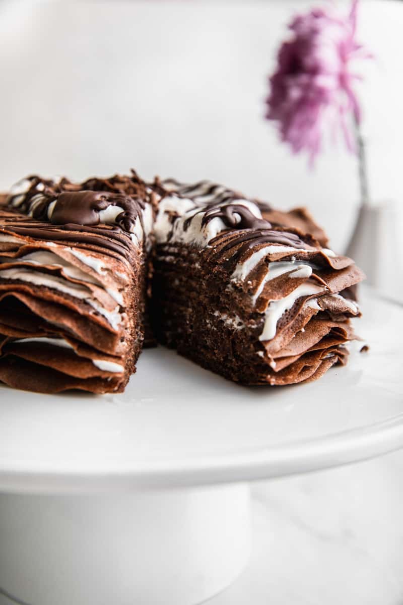Chocolate vegan crepe cake. A healthy cake recipe.