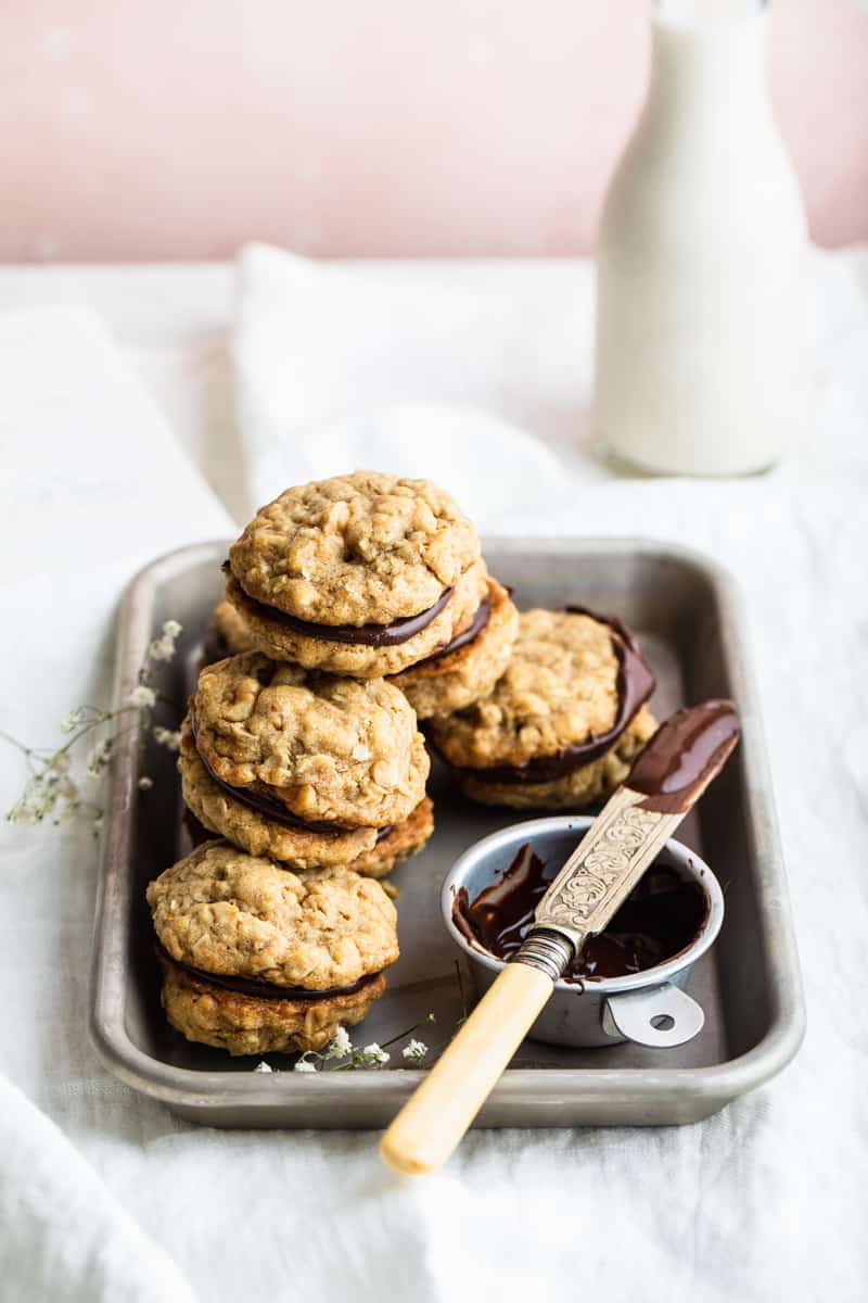 vegan oatmeal cookies with chocolate ganache