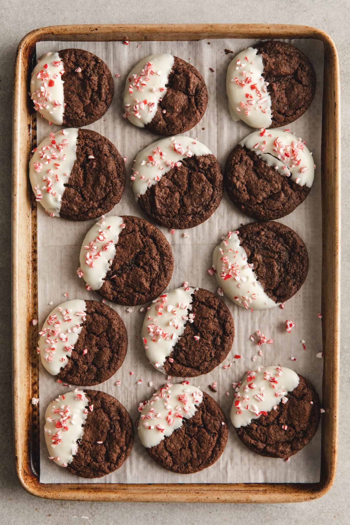 Stack of white chocolate dipped peppermint brownie cookie recipe