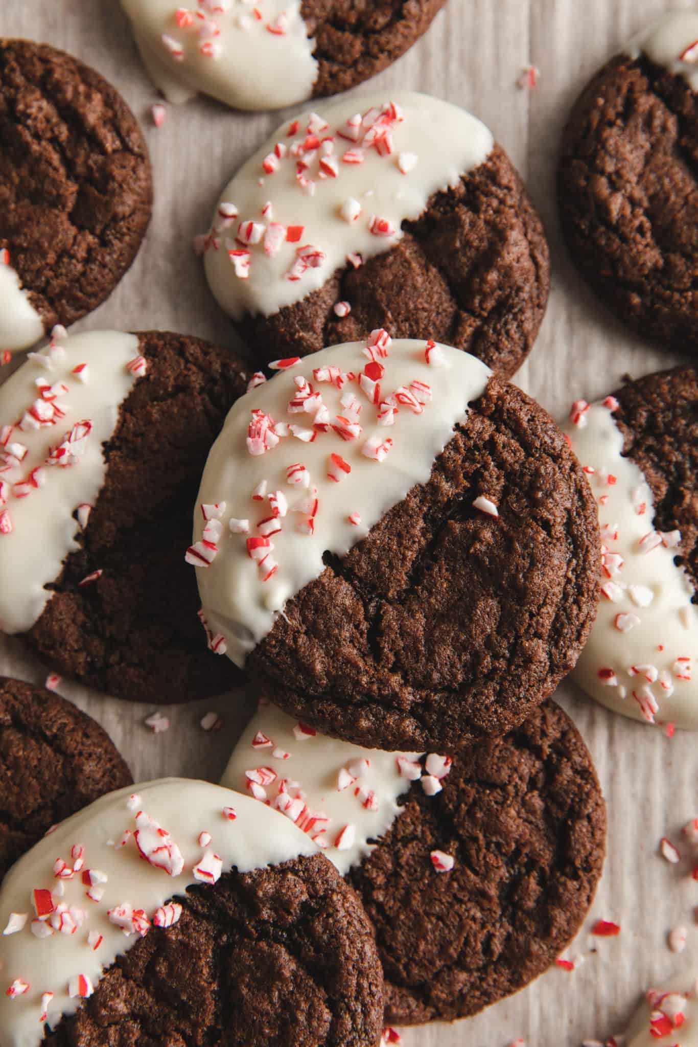 Stack of white chocolate dipped peppermint brownie cookie recipe