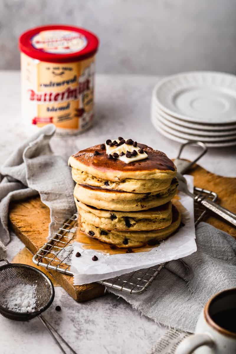 Giant stack of gluten free buttermilk pancakes. Amazing healthy recipe.