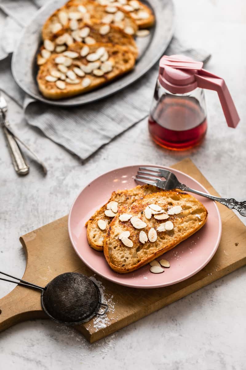 Vegan French toast made using sourdough bread. A perfect eggless breakfast.