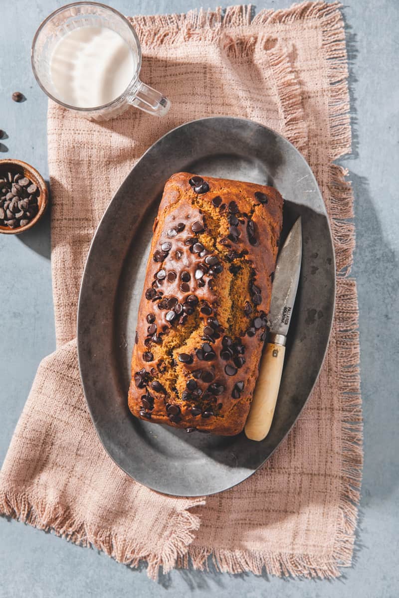 A loaf of healthy banana bread recipe with chocolate chips