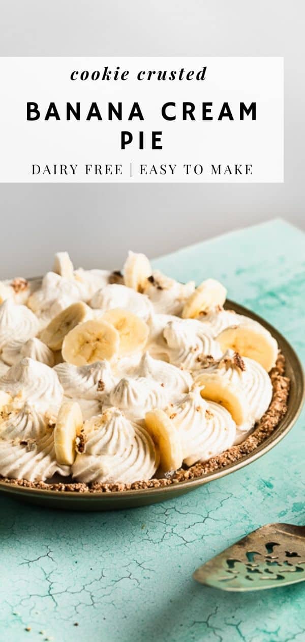 A perfect dairy free banana cream pie on a white cutting board and aqua surface.