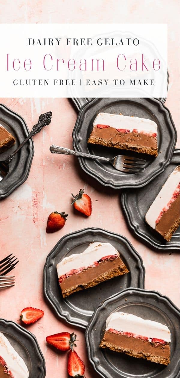 Slices of gelato with layers of chocolate and strawberry on plates and a pink surface.
