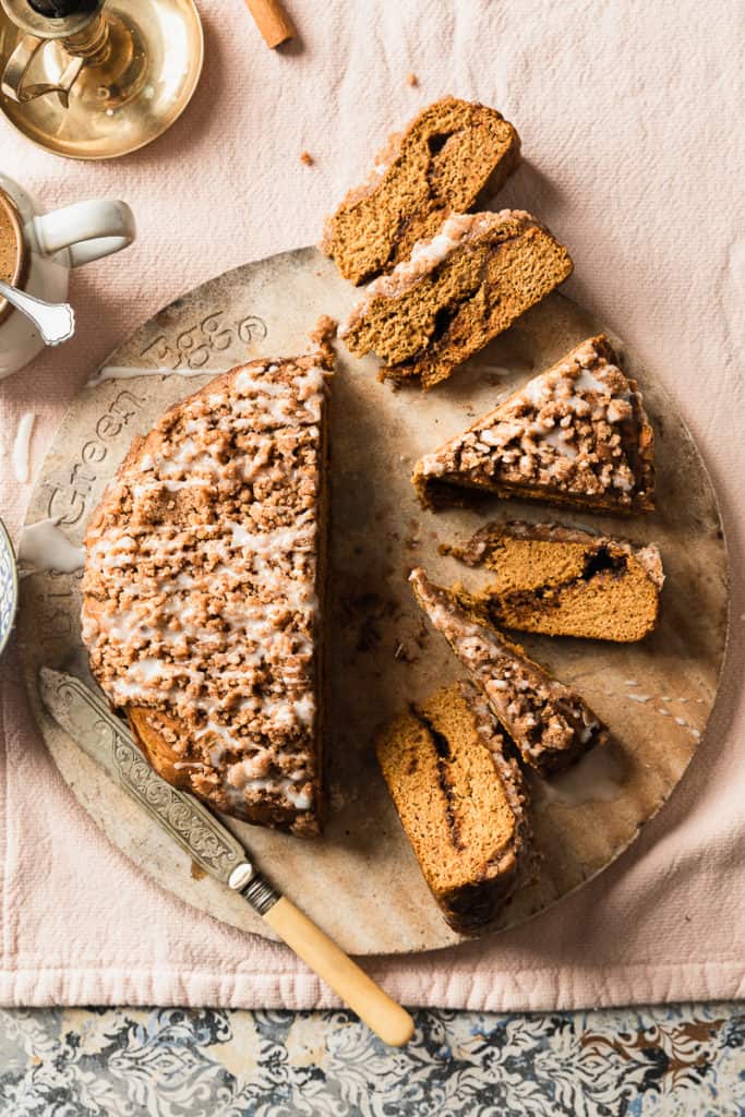 Pumpkin coffee cake flat lay photo with props