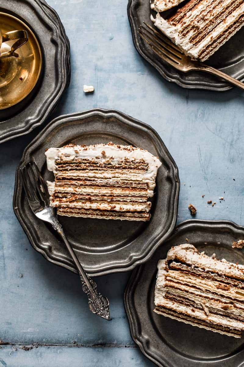dairy free icebox cake sliced with chocolate wafer cookies