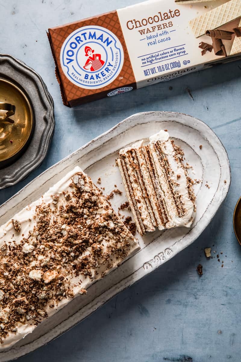 dairy free icebox cake sliced with chocolate wafer cookies