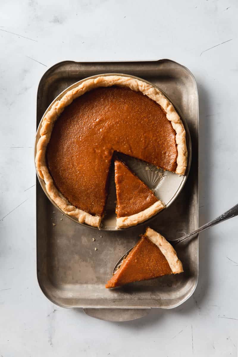 easy vegan pumpkin pie with a gluten free crust made with sweetened condensed milk from Whole Foods