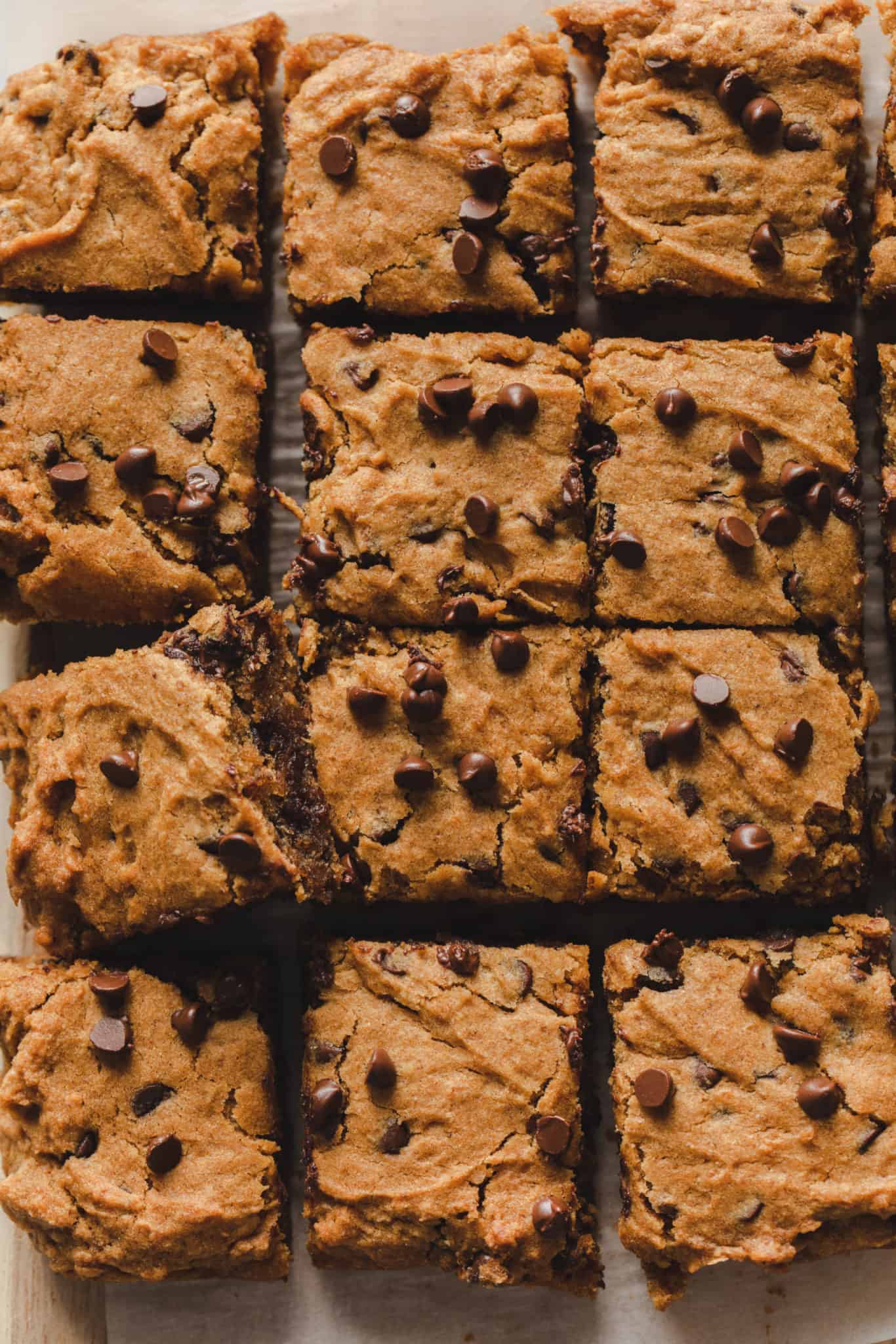 vegan pumpkin blondies with chocolate chips cut into squares