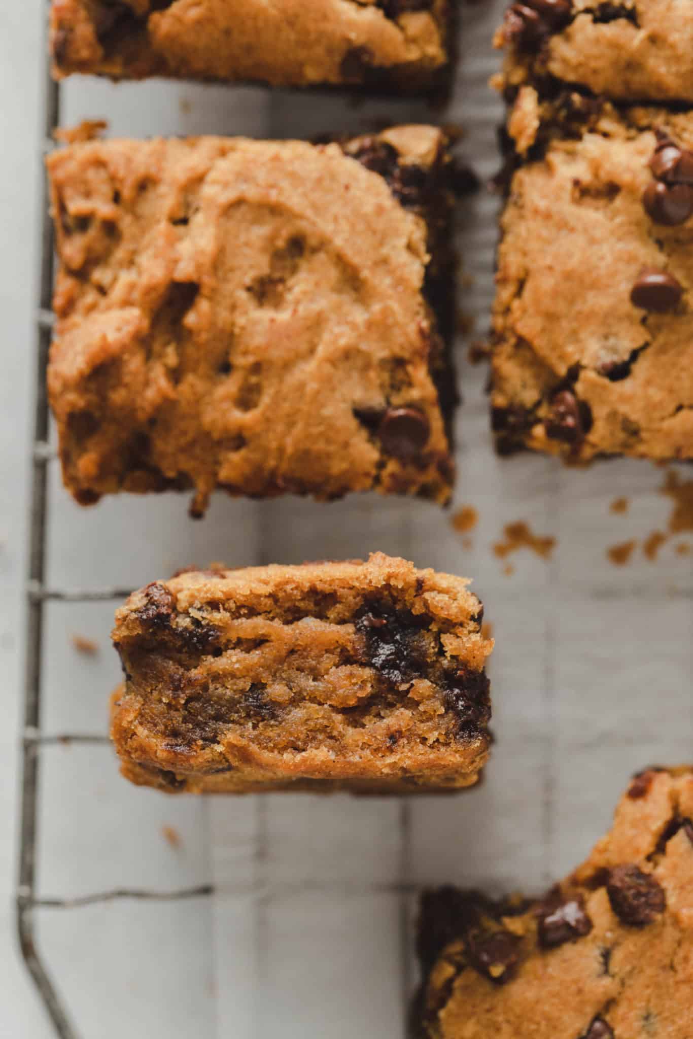 a thick and chewy pumpkin chocolate chip bar