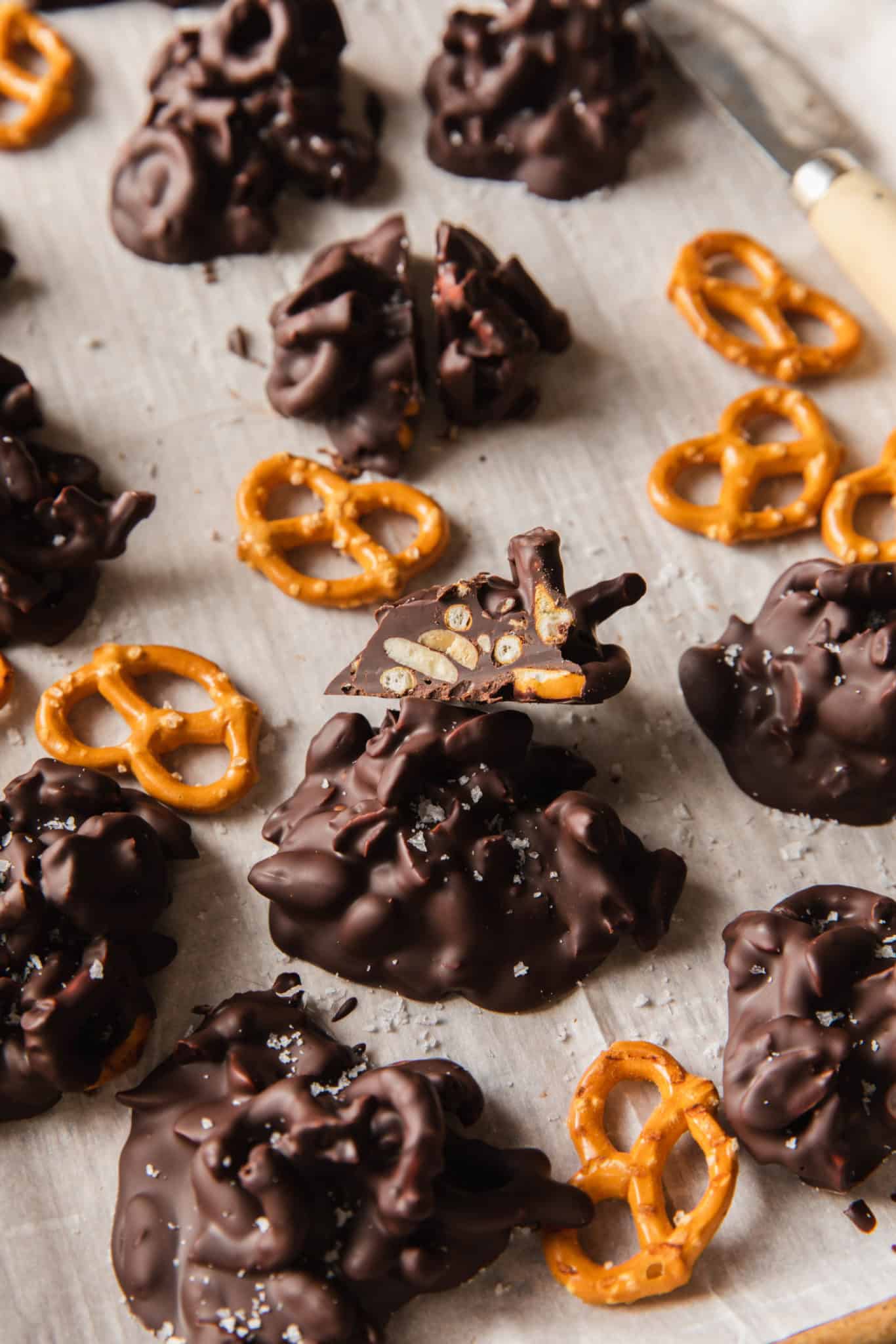 a cluster of chocolate covered pretzels. a perfect healthy snack