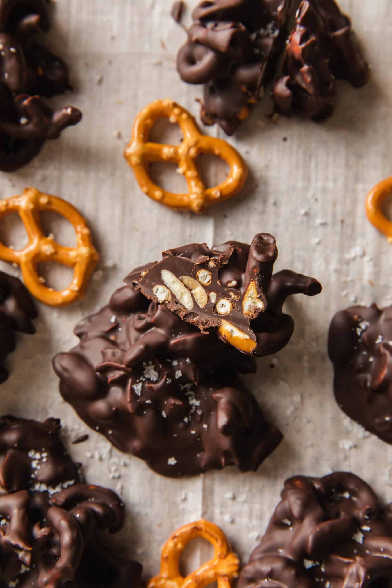 A healthy chocolate covered pretzels snack made with three ingredients. No bake