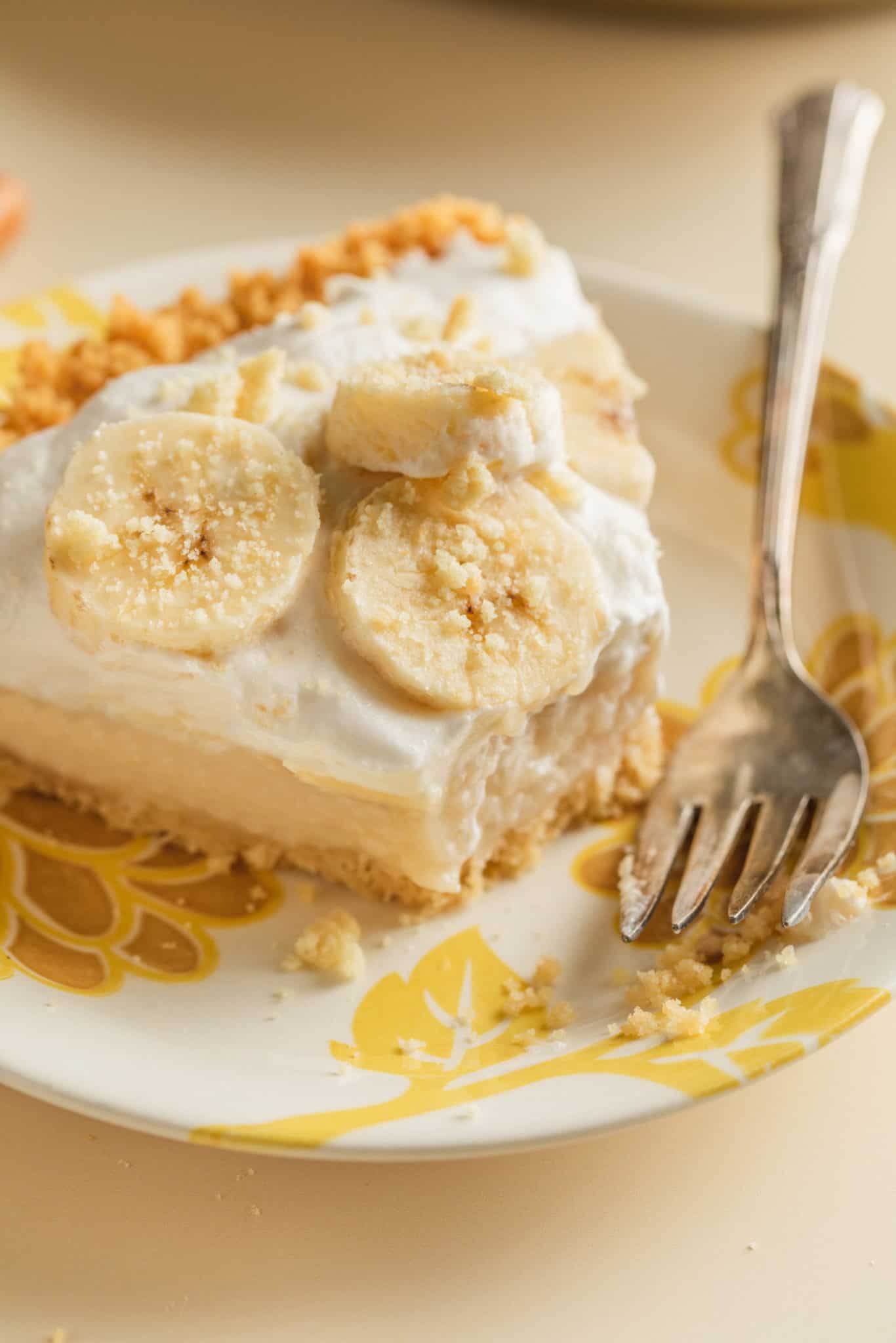 A big slice of vegan banana cream pie recipe made gluten free.