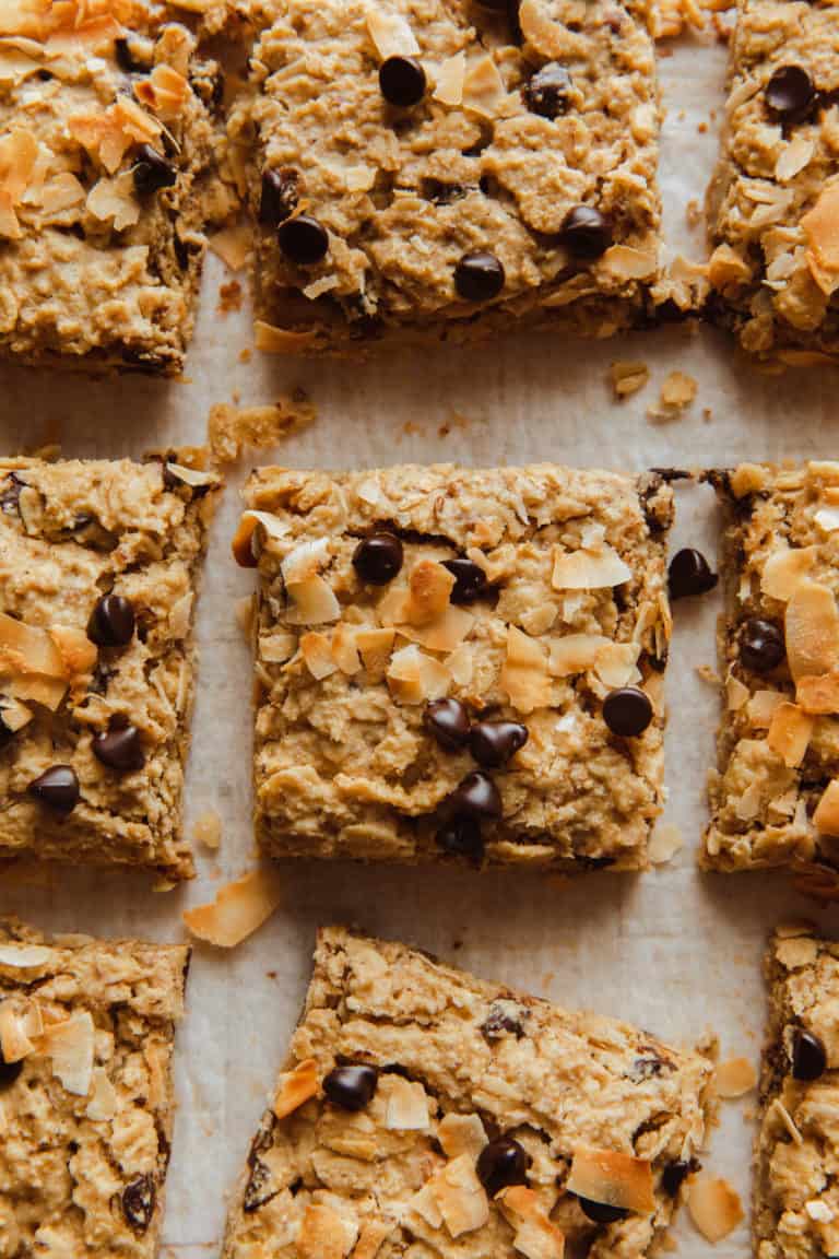 Baked oatmeal bars with chocolate chips cut into squares.