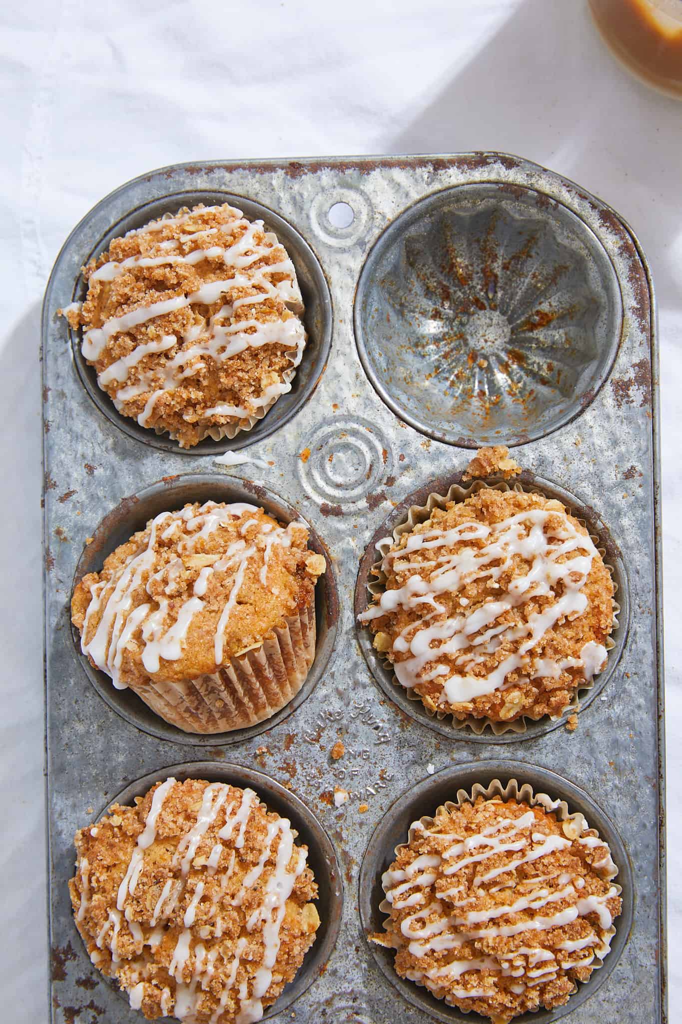 A pan with cinnamon streusel muffins